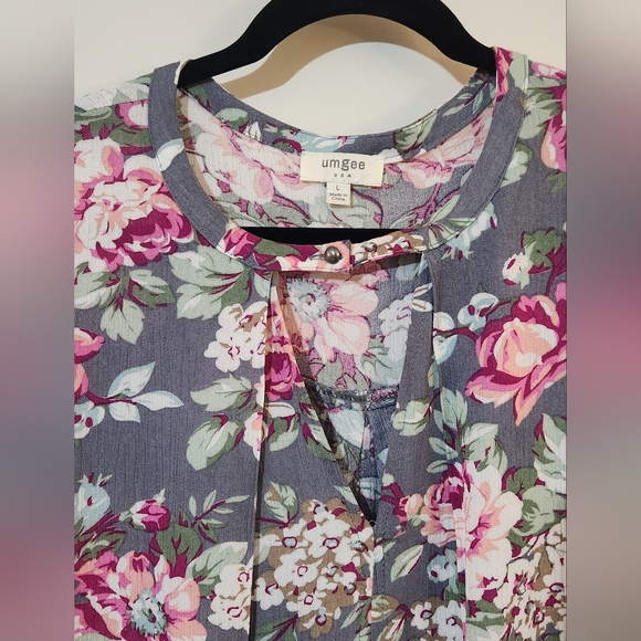 Umgee L Pink Roses Gray Boho Bell Sleeve Trapeze Swing Tunic Mini Dress - Picture 3 of 5